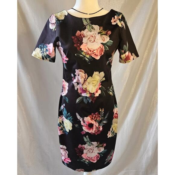 Floral Sheath Dress Rose Black Dragon Fly Tea Party Sz M Retro - Picture 1 of 4